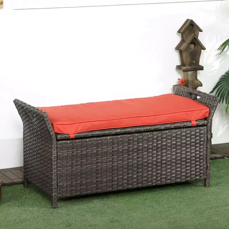 Banc de rangement en osier pour terrasse de 109 litres, meuble de patio en rotin PE d'extérieur, boîte de rangement rectangulaire de grande capacité 2-en-1 avec poignées et coussin
