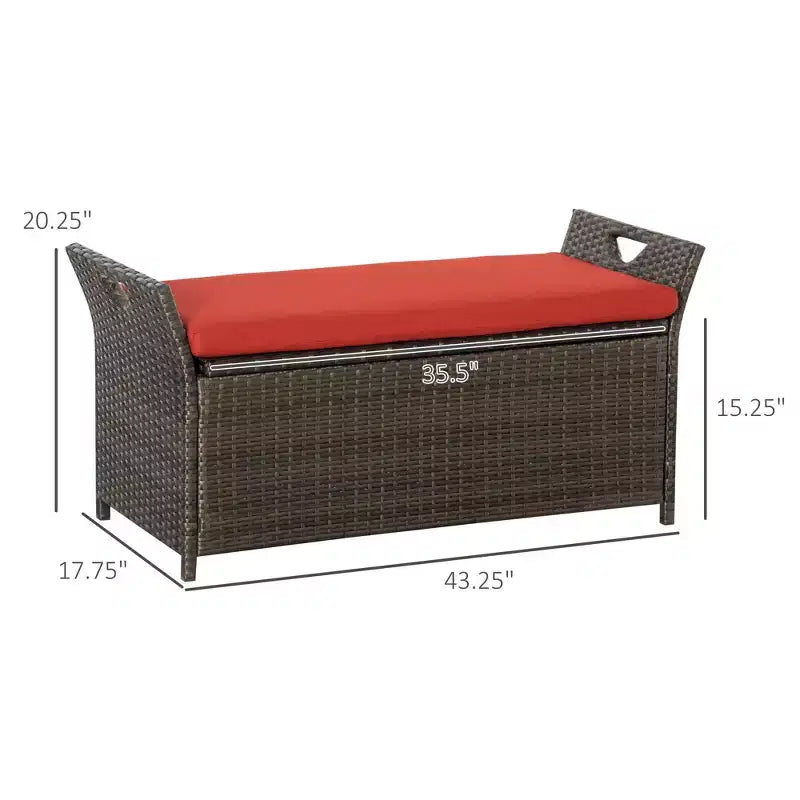 Banc de rangement en osier pour terrasse de 109 litres, meuble de patio en rotin PE d'extérieur, boîte de rangement rectangulaire de grande capacité 2-en-1 avec poignées et coussin