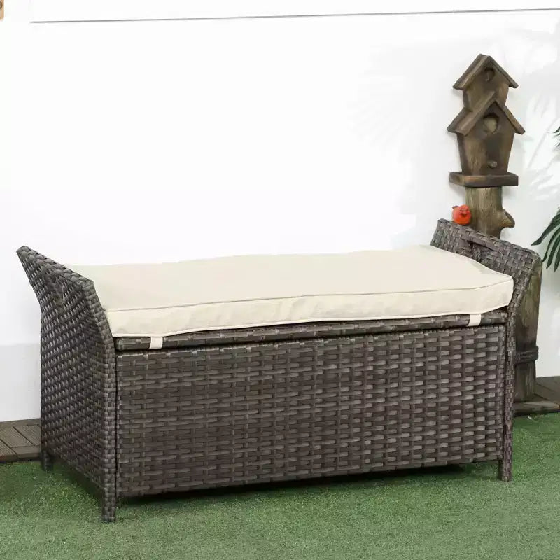 Banc de rangement en osier pour terrasse de 109 litres, meuble de patio en rotin PE d'extérieur, boîte de rangement rectangulaire de grande capacité 2-en-1 avec poignées et coussin