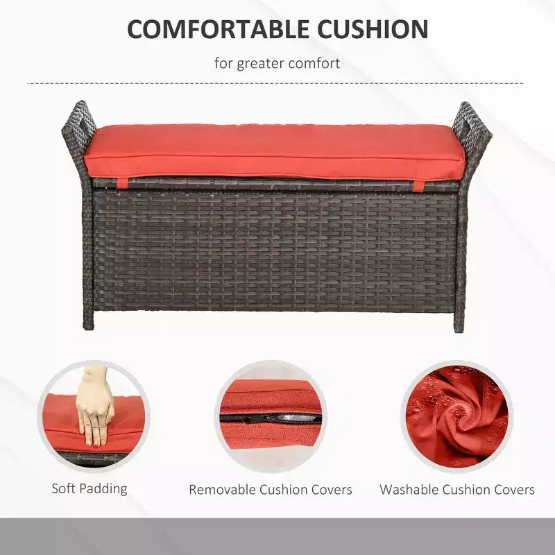 Banc de rangement en osier pour terrasse de 109 litres, meuble de patio en rotin PE d'extérieur, boîte de rangement rectangulaire de grande capacité 2-en-1 avec poignées et coussin
