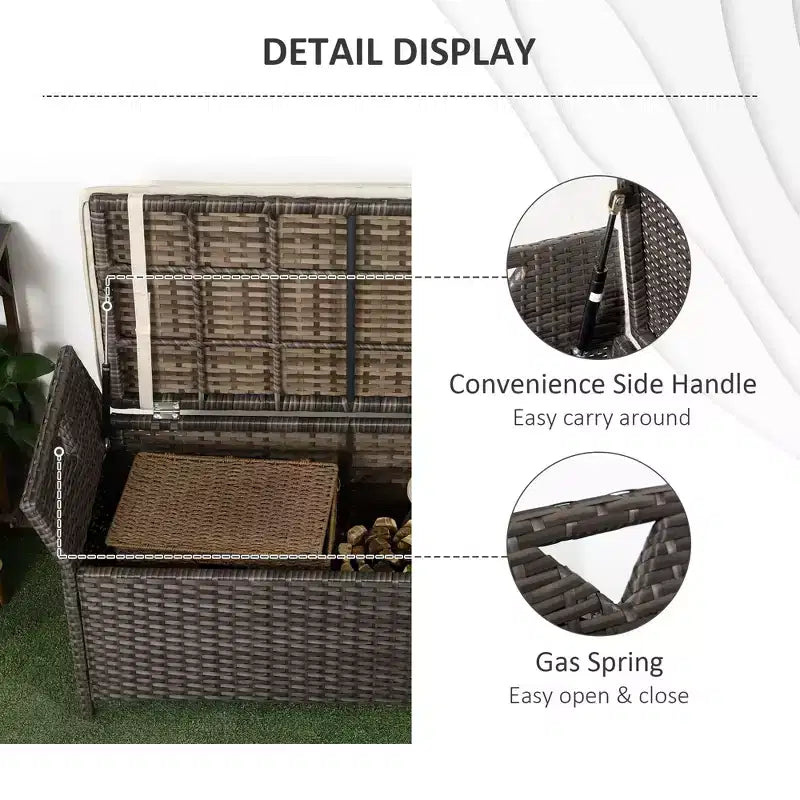Banc de rangement en osier pour terrasse de 109 litres, meuble de patio en rotin PE d'extérieur, boîte de rangement rectangulaire de grande capacité 2-en-1 avec poignées et coussin