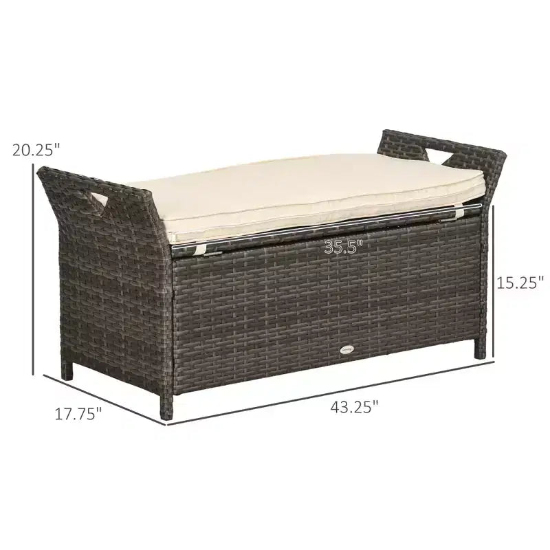 Banc de rangement en osier pour terrasse de 109 litres, meuble de patio en rotin PE d'extérieur, boîte de rangement rectangulaire de grande capacité 2-en-1 avec poignées et coussin