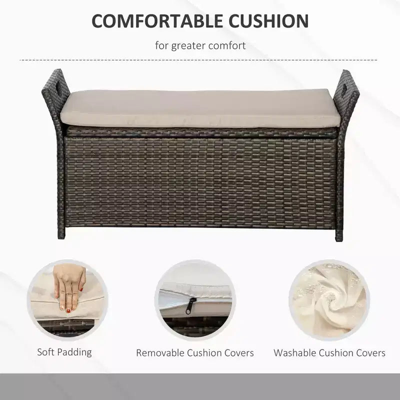 Banc de rangement en osier pour terrasse de 109 litres, meuble de patio en rotin PE d'extérieur, boîte de rangement rectangulaire de grande capacité 2-en-1 avec poignées et coussin
