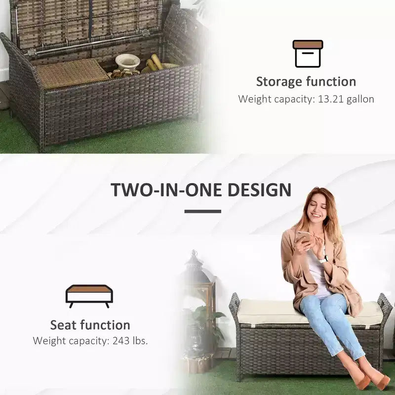 Banc de rangement en osier pour terrasse de 109 litres, meuble de patio en rotin PE d'extérieur, boîte de rangement rectangulaire de grande capacité 2-en-1 avec poignées et coussin
