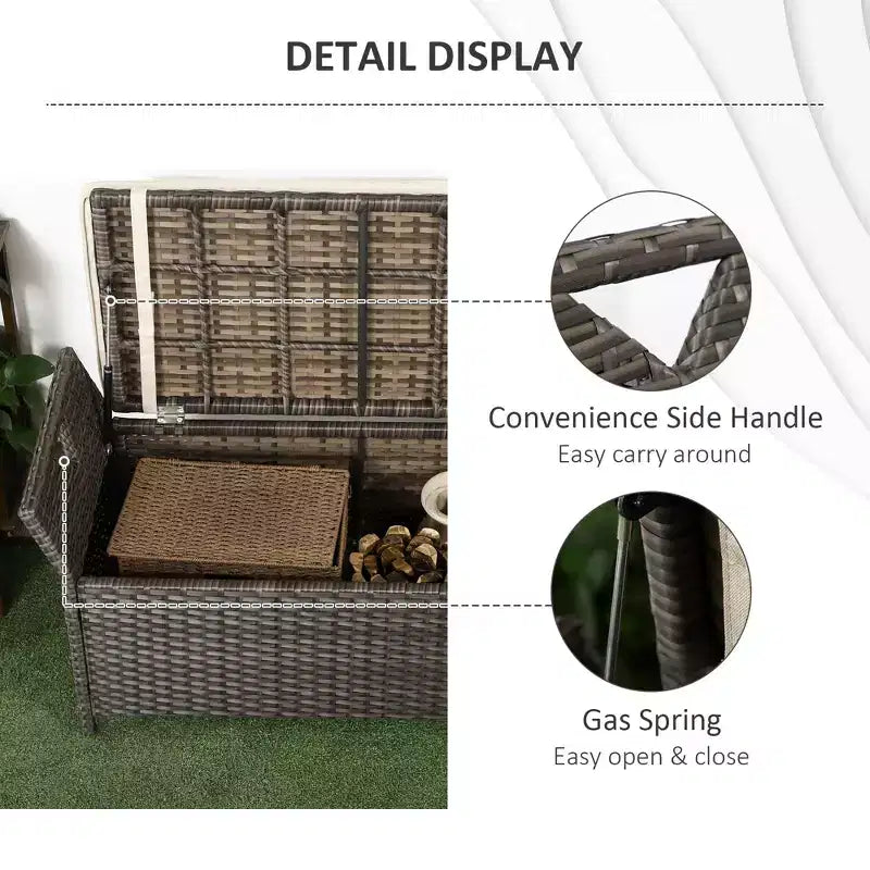 Banc de rangement en osier pour terrasse de 109 litres, meuble de patio en rotin PE d'extérieur, boîte de rangement rectangulaire de grande capacité 2-en-1 avec poignées et coussin