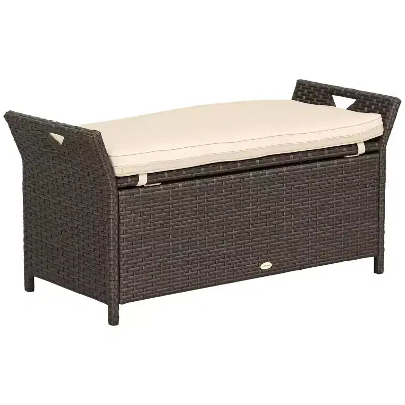 29 Gallon Patio Wicker Storage Bench, Outdoor PE Rattan Patio Furniture, 2-In-1 Large Capacity Rectangle Garden Storage Box with Handles and Cushion