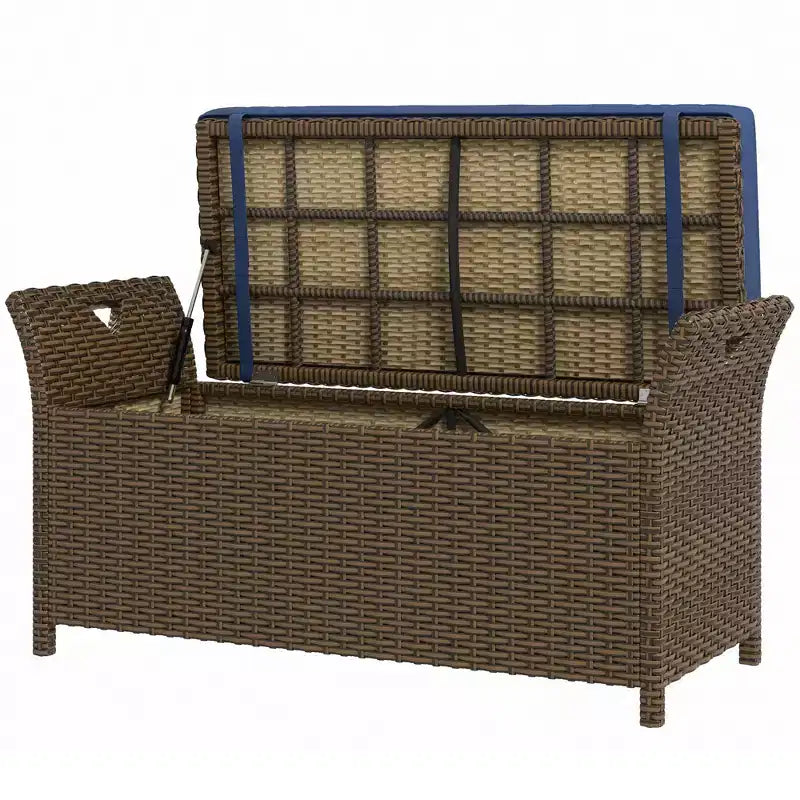 Banc de rangement en osier pour terrasse de 109 litres, meuble de patio en rotin PE d'extérieur, boîte de rangement rectangulaire de grande capacité 2-en-1 avec poignées et coussin