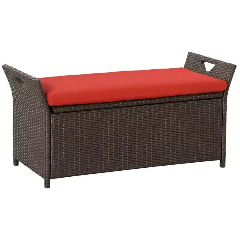 Banc de rangement en osier pour terrasse de 109 litres, meuble de patio en rotin PE d'extérieur, boîte de rangement rectangulaire de grande capacité 2-en-1 avec poignées et coussin