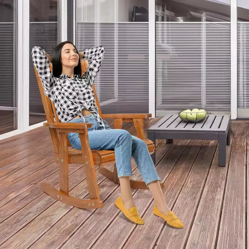 VINGLI Fauteuil à bascule d'extérieur robuste 270 kg avec dossier haut, fauteuil à bascule de patio au design ergonomique, teck