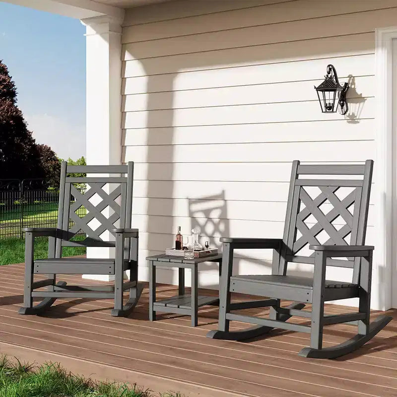 2 Pack Rocking Chair with Side Table, HDPE Weather Resistant Patio Rocking Chair Porch Rocker with Wood Texture