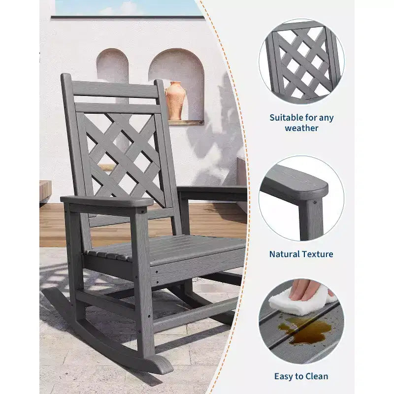 Lot de 2 chaises à bascule avec table d'appoint, chaises à bascule de patio en PEHD résistantes aux intempéries avec texture bois