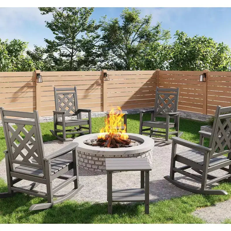 4 Pack Rocking Chair with 2 Side Table, HDPE Weather Resistant Patio Rocking Chair Porch Rocker with Wood Texture