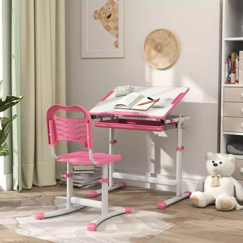 Whisen Height-Adjustable Children's Study Desk Set, Kids & Ergonomic Table and Chairs Set with MDF Construction - Pink