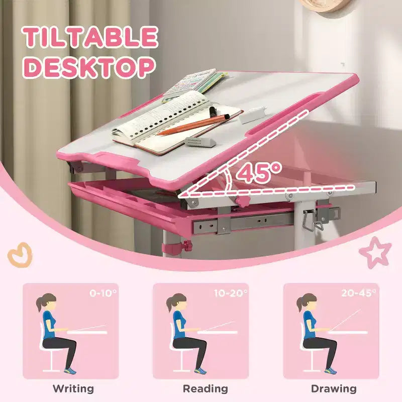Ensemble de bureau et chaise d'étude Whisen pour enfants, réglable en hauteur, avec construction en MDF - Rose