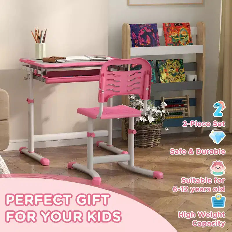 Ensemble de bureau et chaise d'étude Whisen pour enfants, réglable en hauteur, avec construction en MDF - Rose
