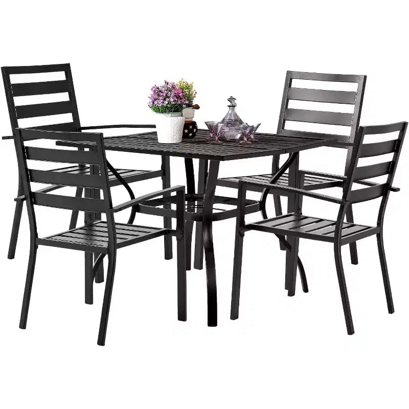 VINGLI 5-Piece Outdoor Dining Set, Metal Patio Dining Set for 4, Square Dining Table with Umbrella Hole & 4 Patio Chairs for Porch, Balcony