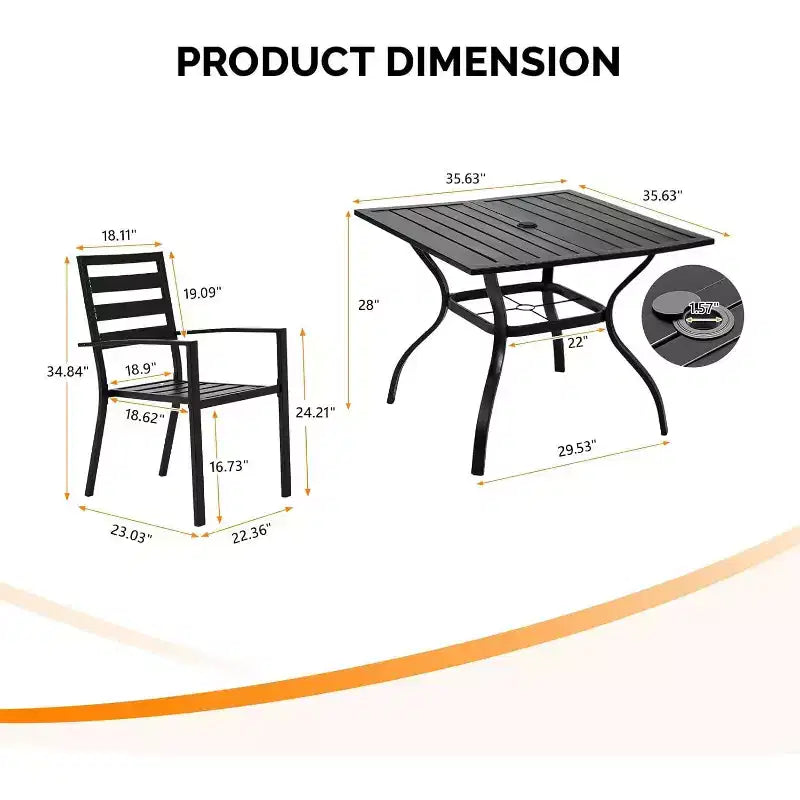 VINGLI Ensemble de salle à manger d'extérieur 5 pièces, ensemble de salle à manger de patio en métal pour 4, table à manger carrée avec trou pour parasol et 4 chaises de patio pour porche, balcon