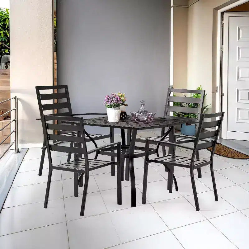 VINGLI Ensemble de salle à manger d'extérieur 5 pièces, ensemble de salle à manger de patio en métal pour 4, table à manger carrée avec trou pour parasol et 4 chaises de patio pour porche, balcon