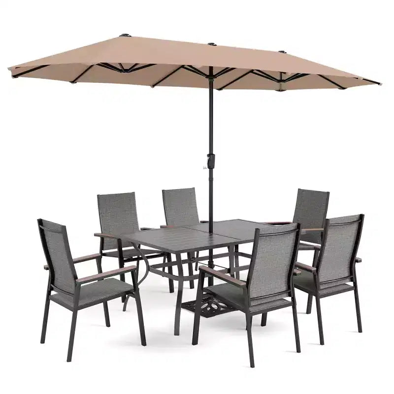 Captiva Designs 8pc Patio Dining Slat-top Steel Table & Aluminum Stackable Chairs & Market Umbrella