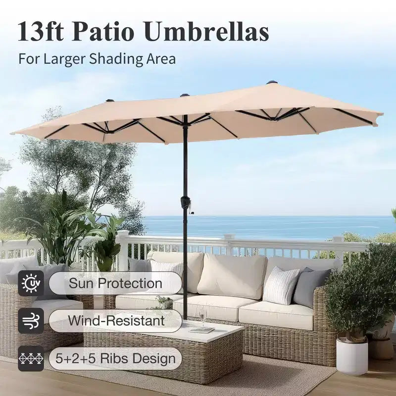 Captiva Designs - Ensemble repas de jardin 8 pièces : table en acier à lattes, chaises empilables en aluminium et parasol de marché