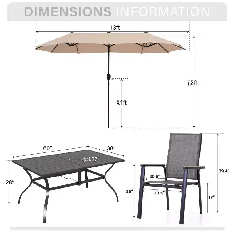 Captiva Designs - Ensemble repas de jardin 8 pièces : table en acier à lattes, chaises empilables en aluminium et parasol de marché