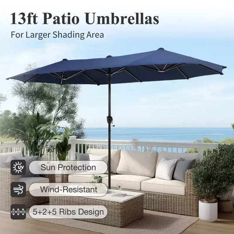 Captiva Designs - Ensemble repas de jardin 8 pièces : table en acier à lattes, chaises empilables en aluminium et parasol de marché