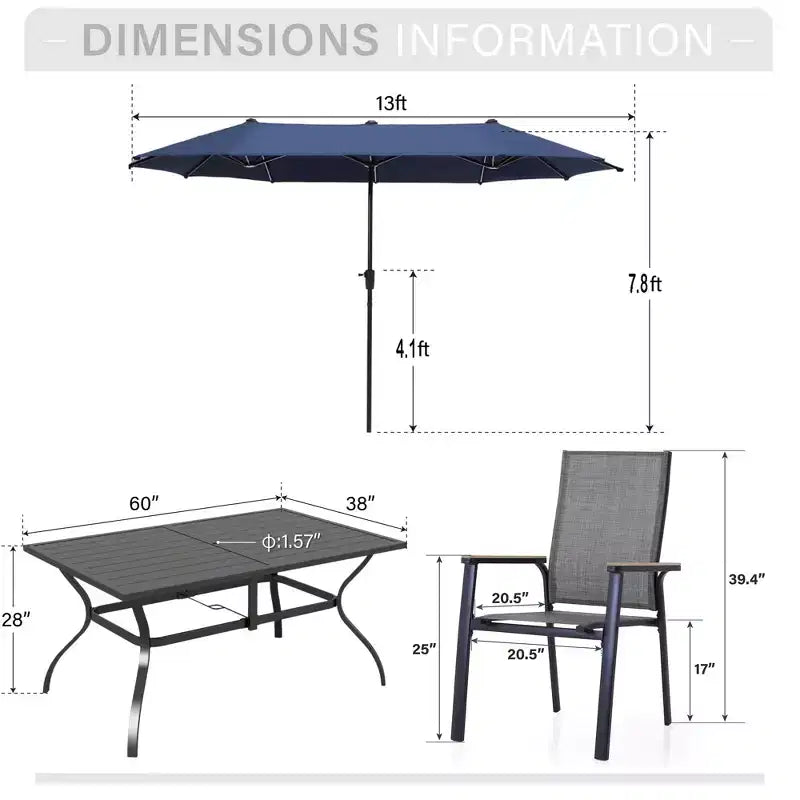 Captiva Designs - Ensemble repas de jardin 8 pièces : table en acier à lattes, chaises empilables en aluminium et parasol de marché