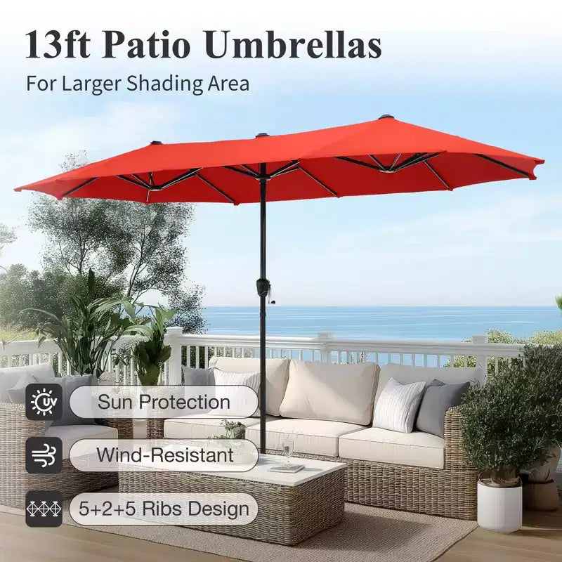 Captiva Designs - Ensemble repas de jardin 8 pièces : table en acier à lattes, chaises empilables en aluminium et parasol de marché