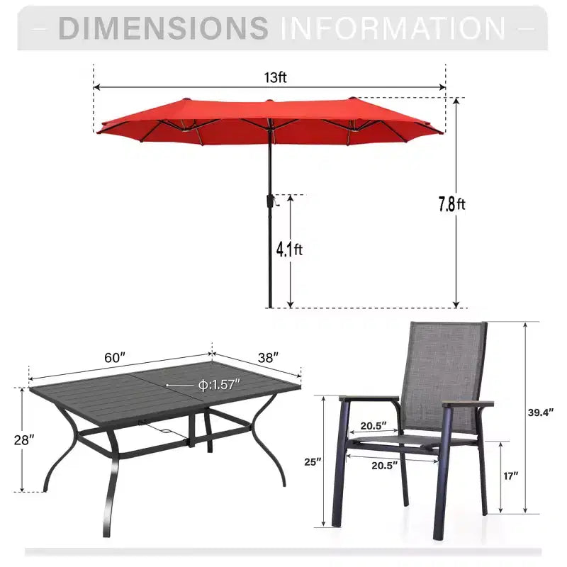 Captiva Designs - Ensemble repas de jardin 8 pièces : table en acier à lattes, chaises empilables en aluminium et parasol de marché