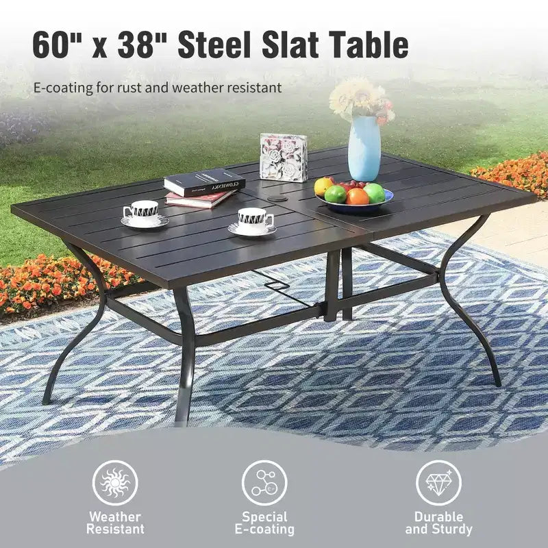 Captiva Designs - Ensemble repas de jardin 8 pièces : table en acier à lattes, chaises empilables en aluminium et parasol de marché
