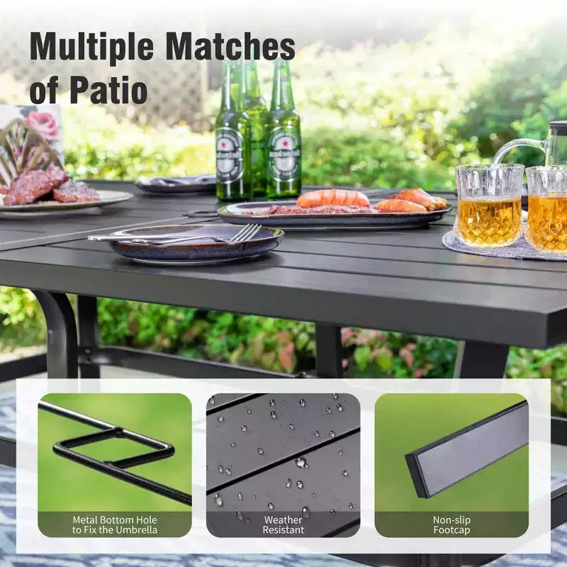 Captiva Designs - Ensemble repas de jardin 8 pièces : table en acier à lattes, chaises empilables en aluminium et parasol de marché