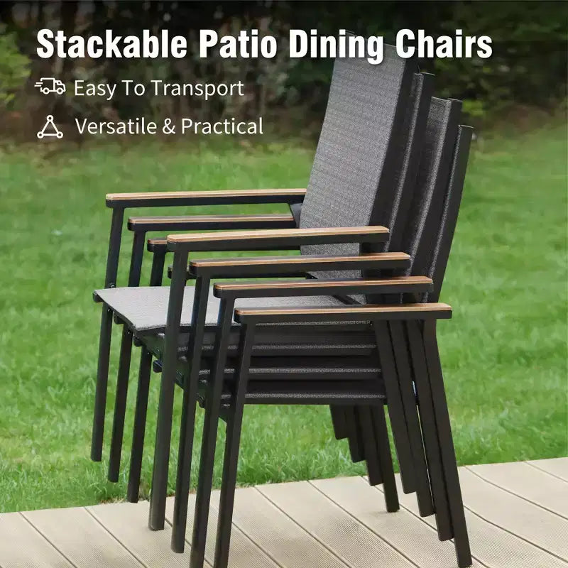 Captiva Designs - Ensemble repas de jardin 8 pièces : table en acier à lattes, chaises empilables en aluminium et parasol de marché