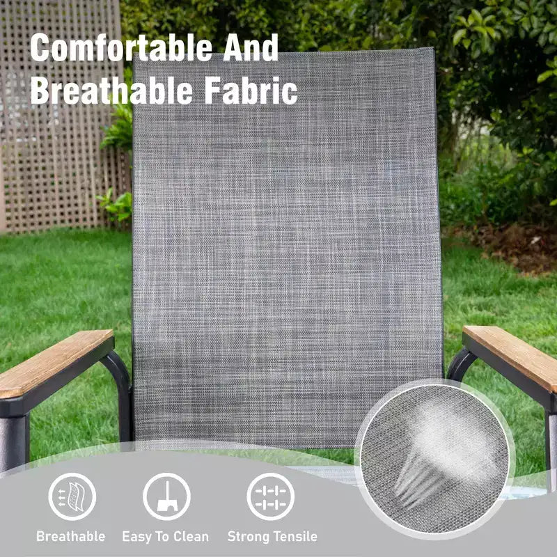 Captiva Designs - Ensemble repas de jardin 8 pièces : table en acier à lattes, chaises empilables en aluminium et parasol de marché