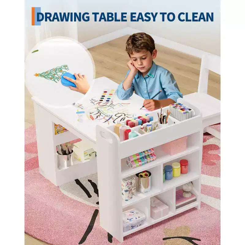 COZONY Table et Chaises pour Enfants, Bureau d'Activités en Bois avec Étagères de Rangement pour Tout-petits, Table d'Activités pour Enfants pour la Maison, la Salle de Classe, la Garderie