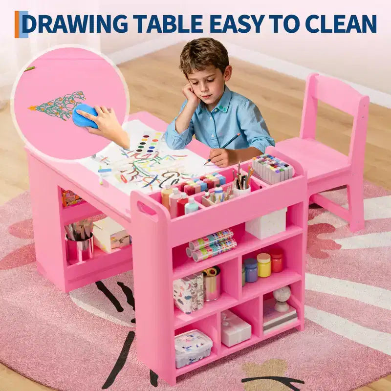 COZONY Table et Chaises pour Enfants, Bureau d'Activités en Bois avec Étagères de Rangement pour Tout-petits, Table d'Activités pour Enfants pour la Maison, la Salle de Classe, la Garderie