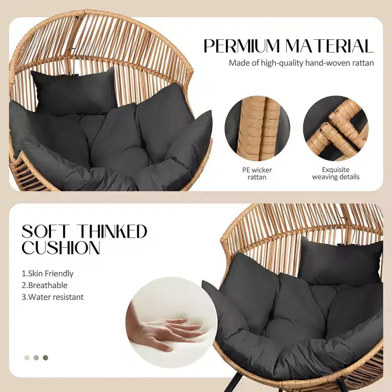 Celebalcony Chaise longue à bascule en rotin en forme d'œuf avec coussin, grande chaise à bascule de patio pour l'extérieur et l'intérieur, balcon, arrière-cour, jardin