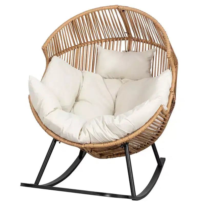 Celebalcony Chaise longue à bascule en rotin en forme d'œuf avec coussin, grande chaise à bascule de patio pour l'extérieur et l'intérieur, balcon, arrière-cour, jardin