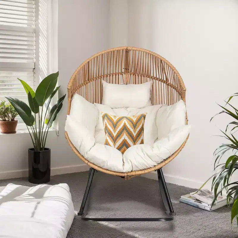 Celebalcony Chaise longue à bascule en rotin en forme d'œuf avec coussin, grande chaise à bascule de patio pour l'extérieur et l'intérieur, balcon, arrière-cour, jardin