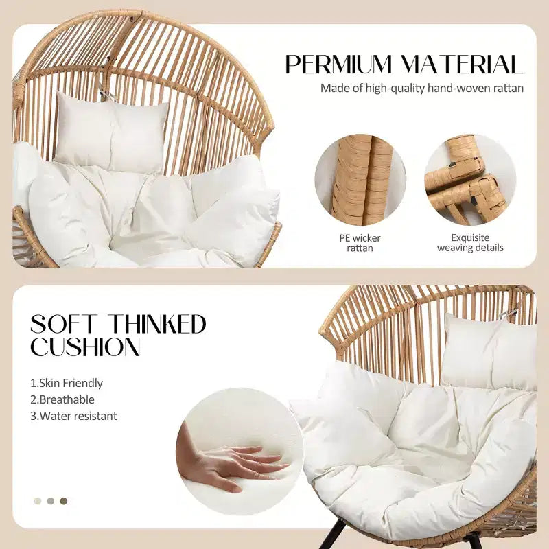 Celebalcony Chaise longue à bascule en rotin en forme d'œuf avec coussin, grande chaise à bascule de patio pour l'extérieur et l'intérieur, balcon, arrière-cour, jardin