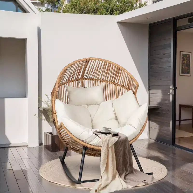 Celebalcony Chaise longue à bascule en rotin en forme d'œuf avec coussin, grande chaise à bascule de patio pour l'extérieur et l'intérieur, balcon, arrière-cour, jardin