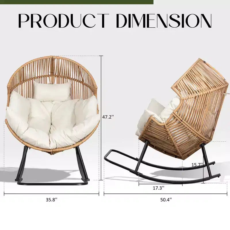 Celebalcony Chaise longue à bascule en rotin en forme d'œuf avec coussin, grande chaise à bascule de patio pour l'extérieur et l'intérieur, balcon, arrière-cour, jardin
