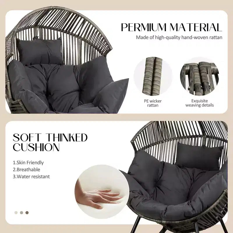 Celebalcony Chaise longue à bascule en rotin en forme d'œuf avec coussin, grande chaise à bascule de patio pour l'extérieur et l'intérieur, balcon, arrière-cour, jardin
