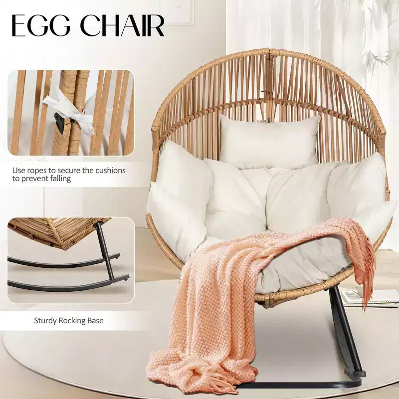 Celebalcony Chaise longue à bascule en rotin en forme d'œuf avec coussin, grande chaise à bascule de patio pour l'extérieur et l'intérieur, balcon, arrière-cour, jardin