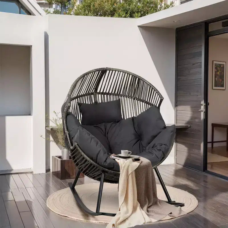 Celebalcony Chaise longue à bascule en rotin en forme d'œuf avec coussin, grande chaise à bascule de patio pour l'extérieur et l'intérieur, balcon, arrière-cour, jardin