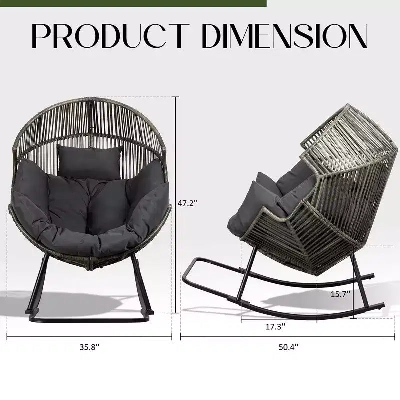 Celebalcony Chaise longue à bascule en rotin en forme d'œuf avec coussin, grande chaise à bascule de patio pour l'extérieur et l'intérieur, balcon, arrière-cour, jardin