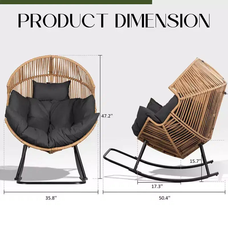 Celebalcony Chaise longue à bascule en rotin en forme d'œuf avec coussin, grande chaise à bascule de patio pour l'extérieur et l'intérieur, balcon, arrière-cour, jardin
