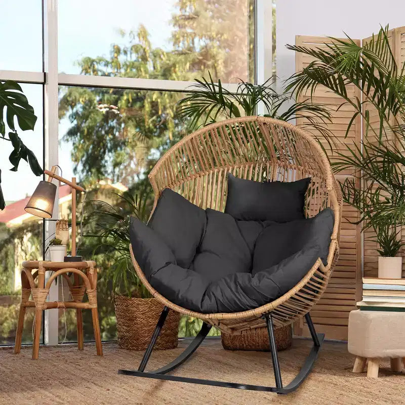 Celebalcony Chaise longue à bascule en rotin en forme d'œuf avec coussin, grande chaise à bascule de patio pour l'extérieur et l'intérieur, balcon, arrière-cour, jardin