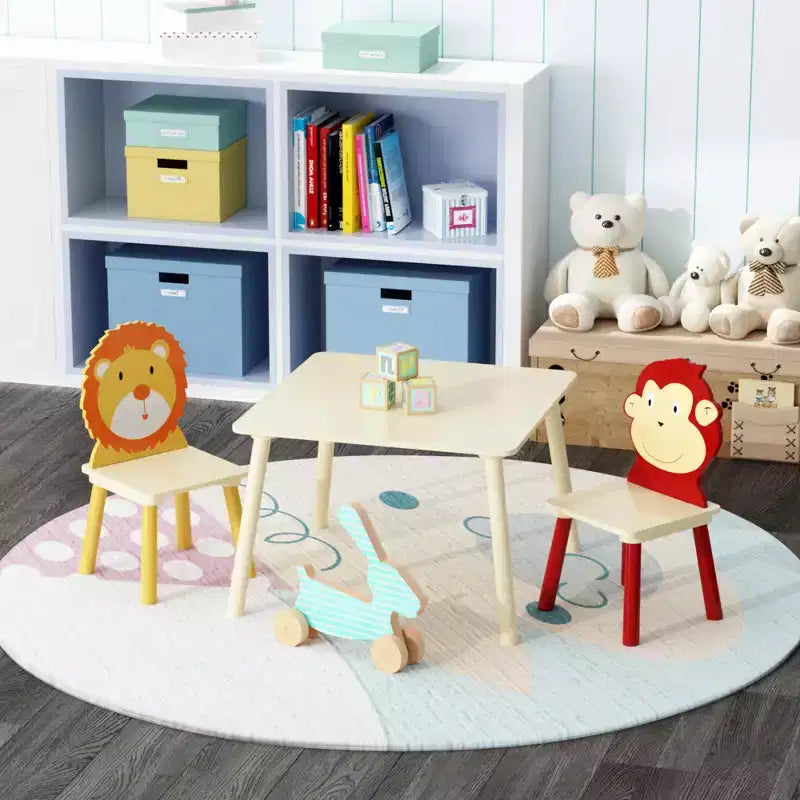 JVNOXK-Ensemble table et 2 chaises pour enfants, ensemble table et chaises pour tout-petits 3 pièces, ensemble table de jeu en bois (Lion&Singe)