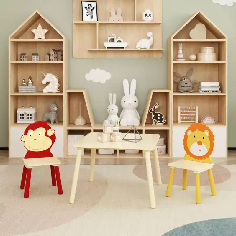 JVNOXK-Ensemble table et 2 chaises pour enfants, ensemble table et chaises pour tout-petits 3 pièces, ensemble table de jeu en bois (Lion&Singe)