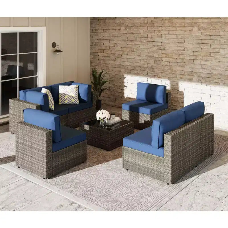 Celebalcony Canapé sectionnel d'extérieur 7 pièces, ensemble de conversation en rotin PE avec coussins lavables et table basse en verre
